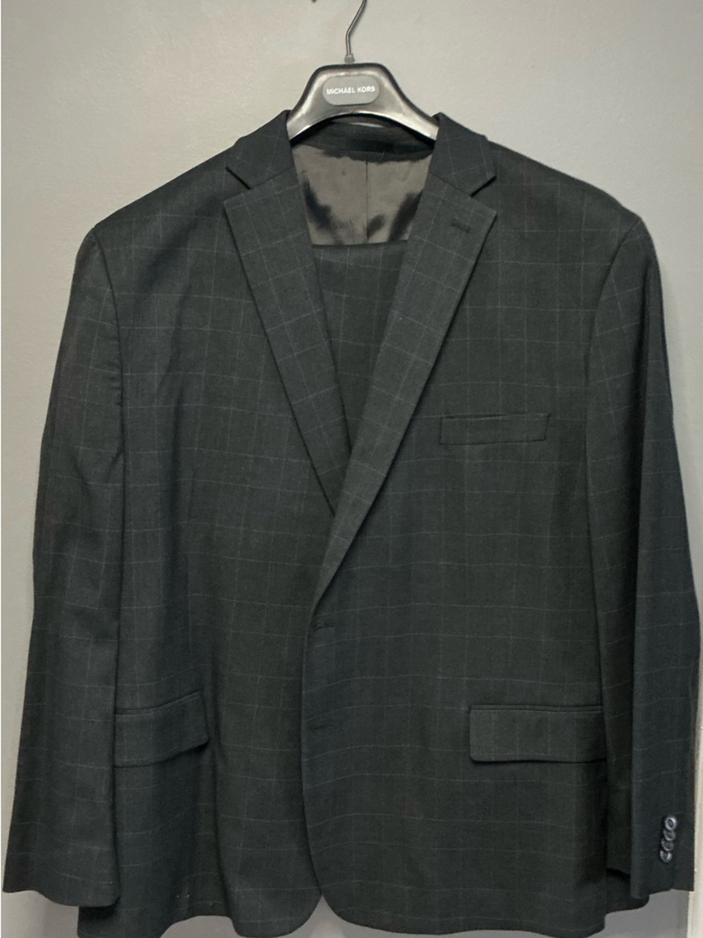 Michael Kors Men's Charcoal Gray Windowpane Suit with Light Blue lines